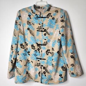 Vintage Joan Leslie tan aqua Asian style floral print jacket Medium